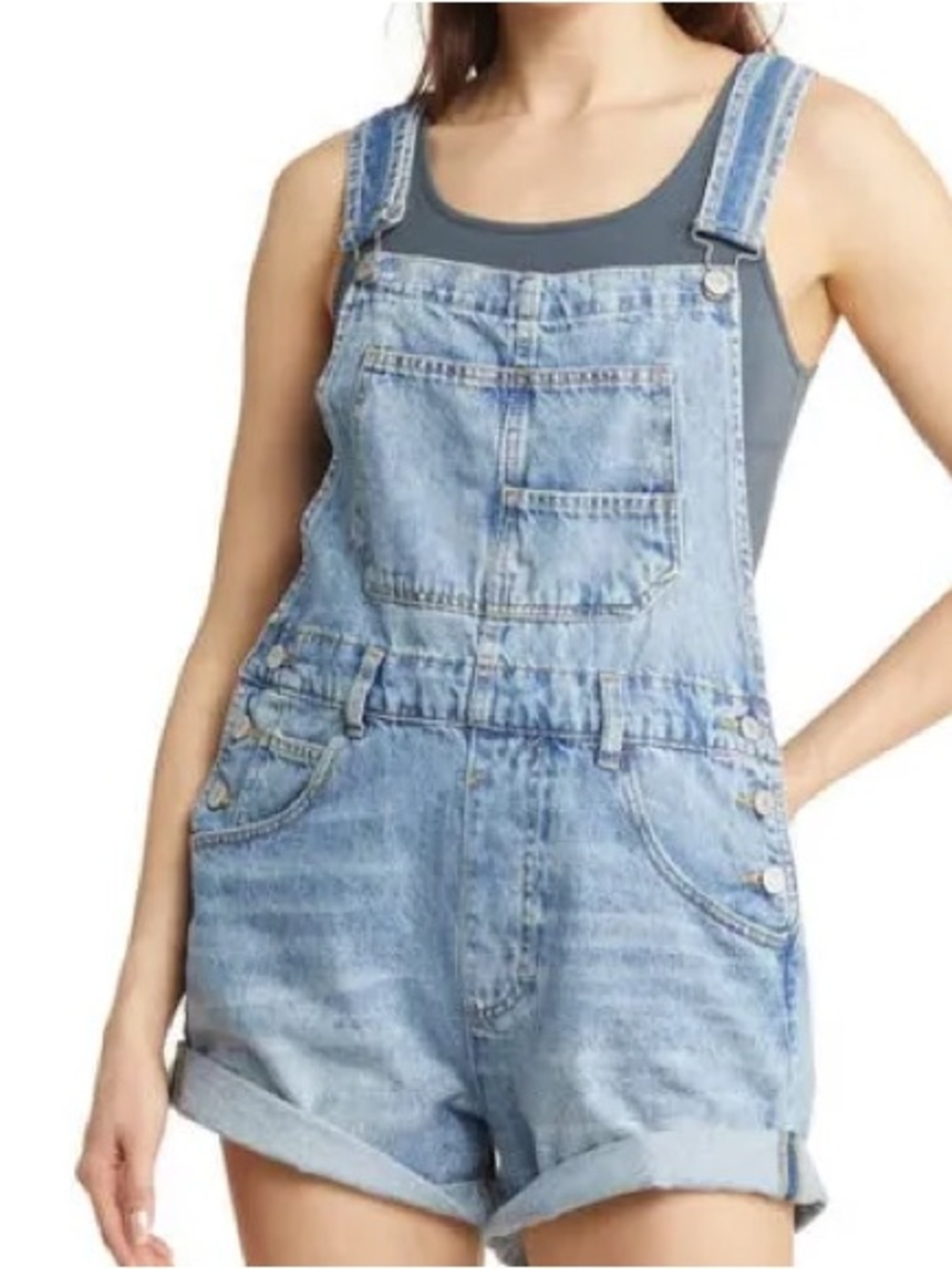We The Free Light Blue Denim Shortalls with Bib Pocket